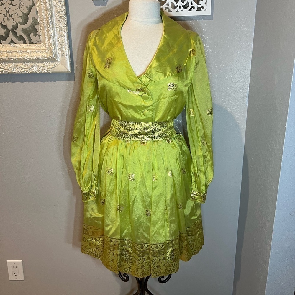1960’s vintage key-lime green and gold dress